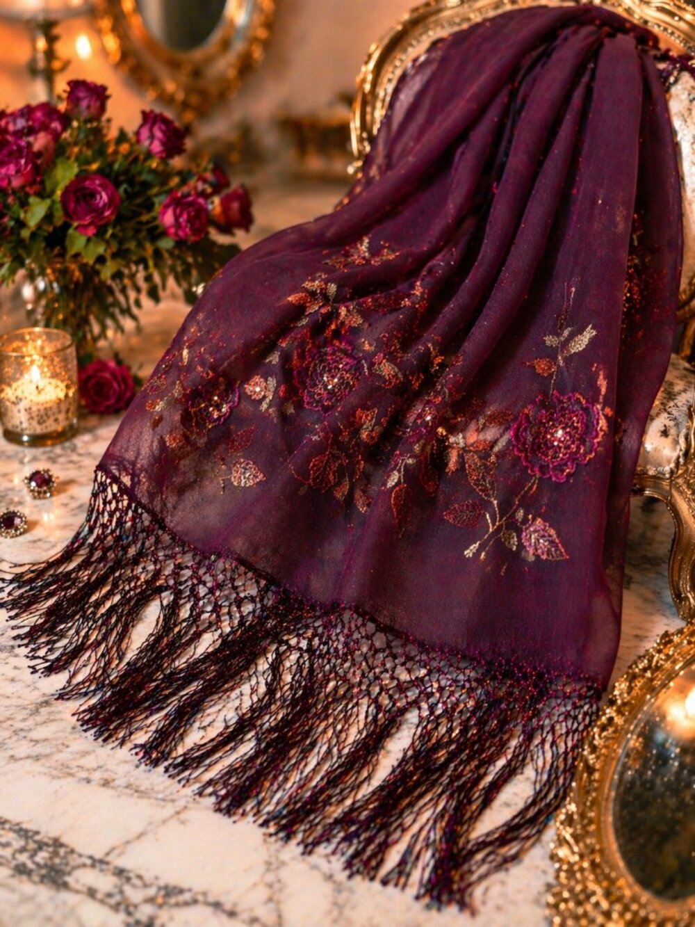 Plum Embroidered Floral Shawl Wrap Elegant Evening Scarf Luxury NWOT